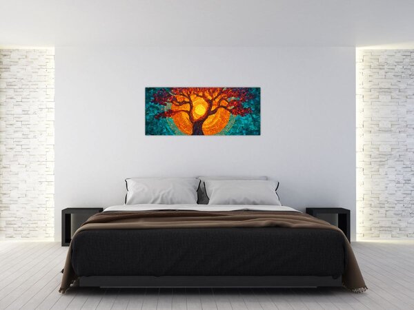 Obraz - Strom života a slnko v mozaike (120x50 cm)