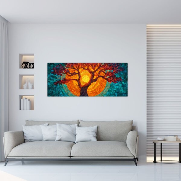 Obraz - Strom života a slnko v mozaike (120x50 cm)