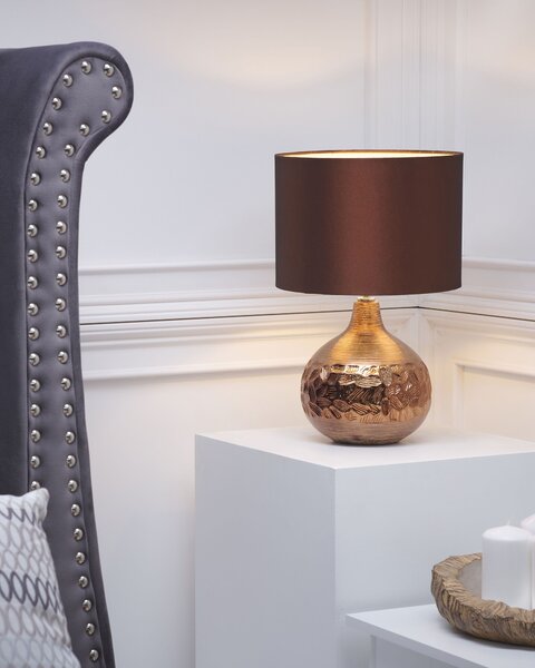 Stolná lampa hnedé tienidlo z umelého hodvábu zlatý porcelánový podstavec výška 48 cm tradičná obývacia izba
