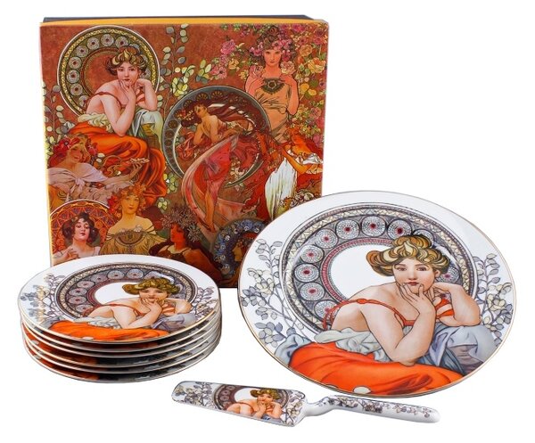 Servírovací tanier s lopatkou + 6 dezertných tanierikov Alfons Mucha biely