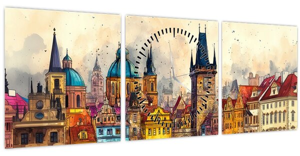 Obraz - Jeseň v maľovanom meste (s hodinami) (90x30 cm)