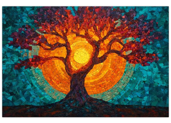 Obraz - Strom života a slnko v mozaike (90x60 cm)