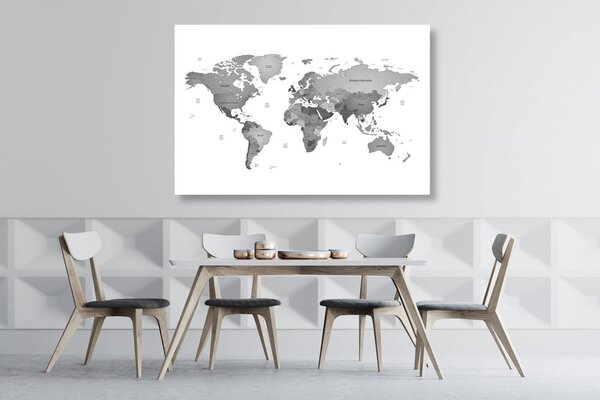 Obraz na korku mapa sveta vo farbách čiernobielej