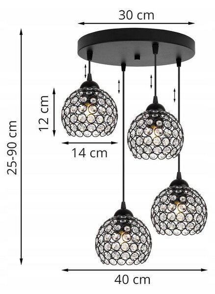 Závesné svietidlo Crystal, 4x čierne krištáľové tienidlo, o