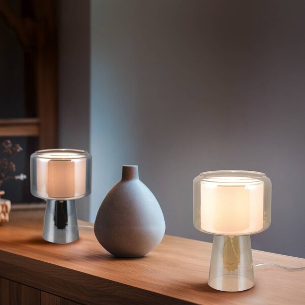 Stolová lampa Rocka, chróm, výška 29 cm, sklo/látka, Chrómová / strieborná, Obývacia izba / jedáleň, Sklo, Stojacie svietidlo