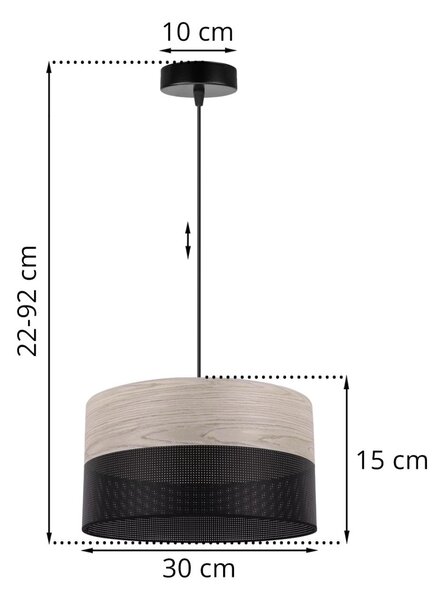 Závesné svietidlo Wood, 1x svetlobéžová dubová dýha/čierne PVC tienidlo, (fi 30cm)