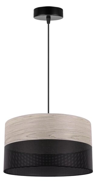 Závesné svietidlo Wood, 1x svetlobéžová dubová dýha/čierne PVC tienidlo, (fi 30cm)