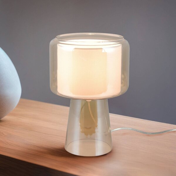 Stolová lampa Rocka, jantárová farba, výška 29 cm, sklo/textil, Krémová / jantárovo žltá, Obývacia izba / jedáleň, Sklo, Stojacie svietidlo