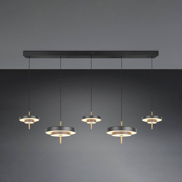 Trio Lighting LED závesné svietidlo Keaton, čierna/zlatá 140 cm 5-pl., Čierna, Obývacia izba / jedáleň, kov, Závesné svietidlo