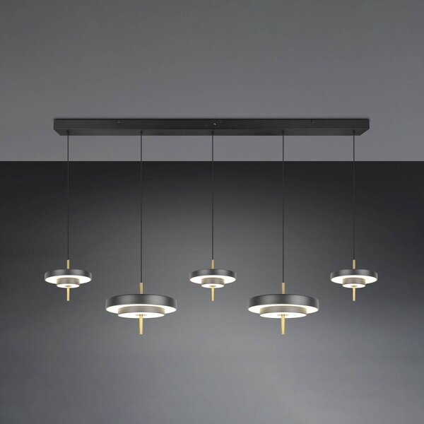 Trio Lighting LED závesné svietidlo Keaton, čierna/zlatá 140 cm 5-pl., Čierna, Obývacia izba / jedáleň, kov, Závesné svietidlo