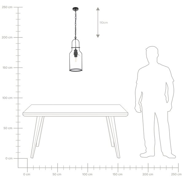 Závesná lampa čierna kovová 166 cm číre sklo tienidlo stropné svietidlo v retro štýle