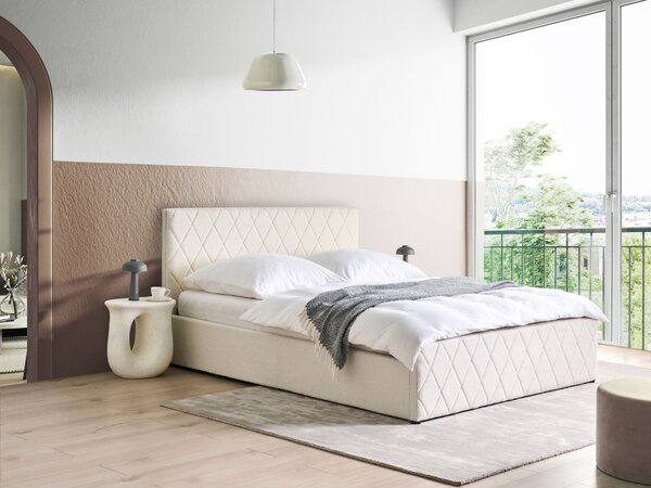 Posteľ s úložným priestorom krémová biela buklé 160 x 200 cm prešívané čalúnenie s čelom lamelový rošt moderný štýl spálňa