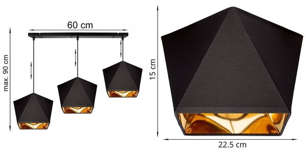 Závesné svietidlo Diamond Gold, 3x čierne/zlaté textilné tienidlo