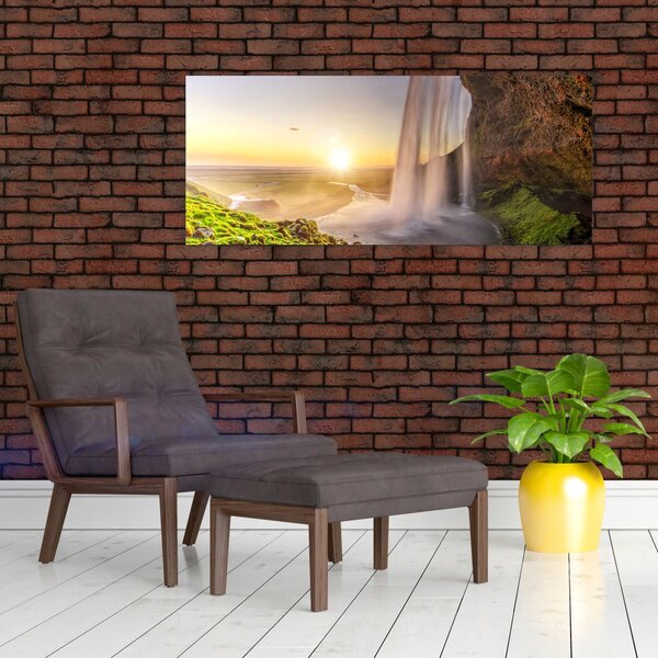 Obraz - Seljalandsfoss spoza vnútra jaskyne (120x50 cm)