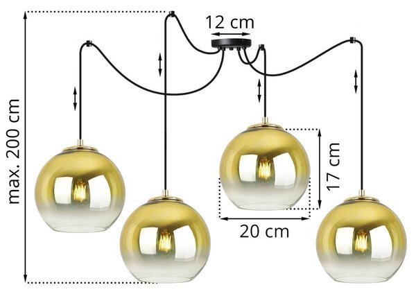 Závesné svietidlo Bergen Gold Spider, 4x zlaté/transparentné sklenené tienidlo (fi 20cm)