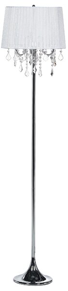 Stojaca lampa biela kovový stojan 170 cm biele látkové tienidlo s visiacimi kryštálikmi