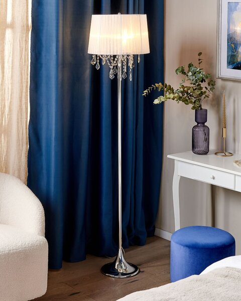 Stojaca lampa biela kovový stojan 170 cm biele látkové tienidlo s visiacimi kryštálikmi