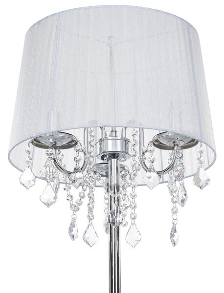 Stojaca lampa biela kovový stojan 170 cm biele látkové tienidlo s visiacimi kryštálikmi