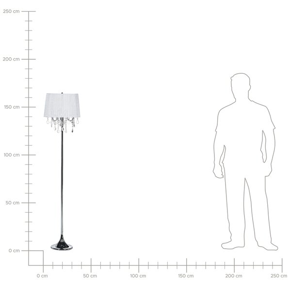 Stojaca lampa biela kovový stojan 170 cm biele látkové tienidlo s visiacimi kryštálikmi