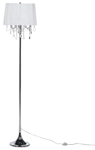 Stojaca lampa biela kovový stojan 170 cm biele látkové tienidlo s visiacimi kryštálikmi