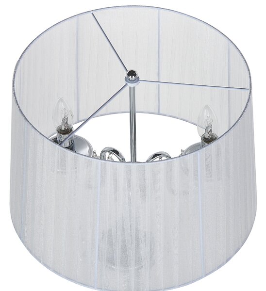 Stojaca lampa biela kovový stojan 170 cm biele látkové tienidlo s visiacimi kryštálikmi