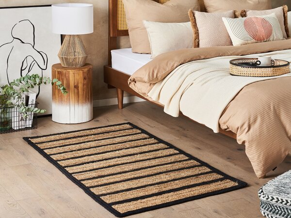 Koberec béžová čierna juta bavlna 80 x 150 cm krátky vlas pruhovaný strojovo tkaný obdĺžnikový