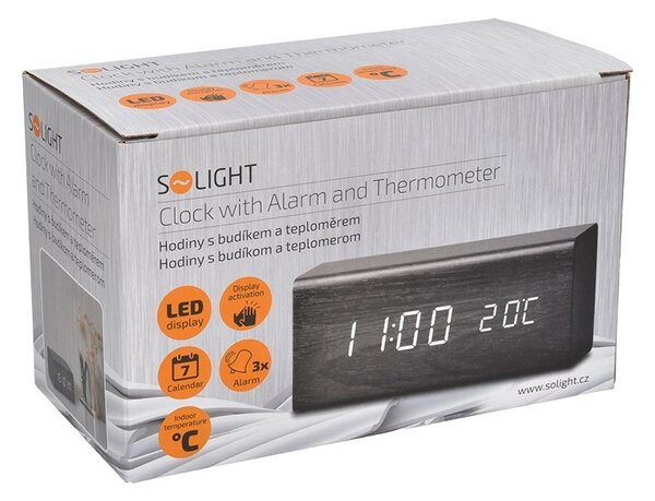 SOLIGHT Hodiny s budíkom, LED podsvietenie, tri budíky, nastaviteľná intenzita podsvietenie, teplomer