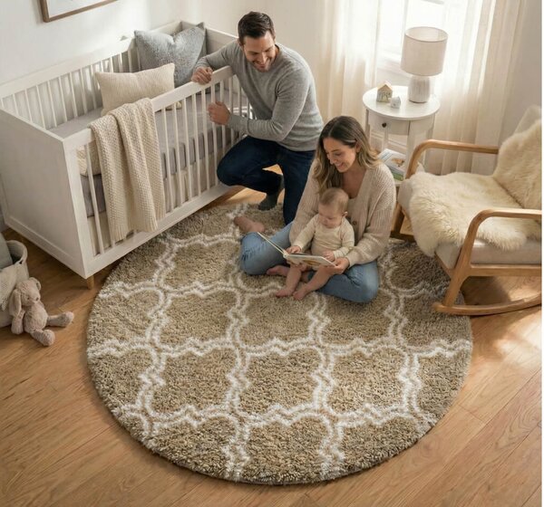 TZ Béžový okrúhly vzorovaný koberec shaggy Decor Latern Rozmer: 120 cm