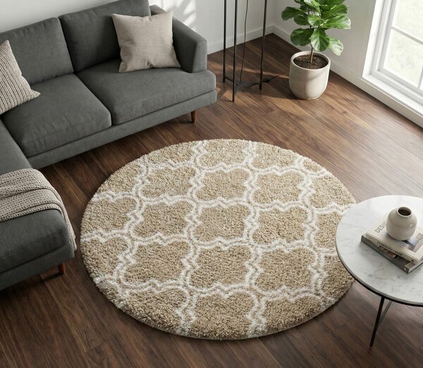 TZ Béžový okrúhly vzorovaný koberec shaggy Decor Latern Rozmer: 120 cm