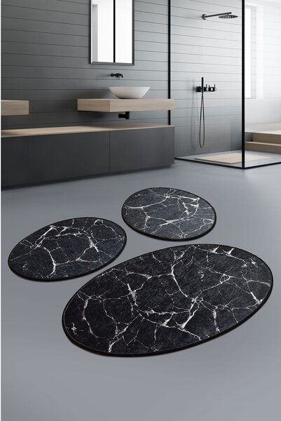 Súprava 3 čiernych oválnych kúpeľňových predložiek Foutastic Marble