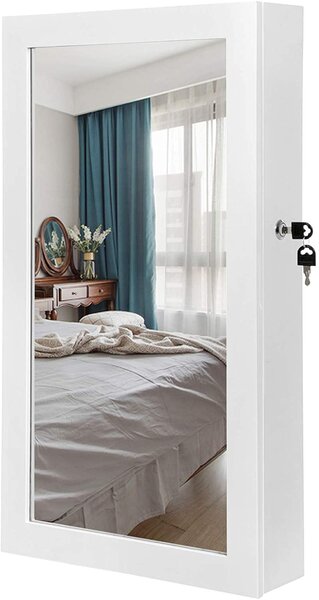 SONGMICS Závesná šperkovnica so zrkadlom biela 37 x 67 x 10 cm