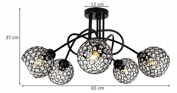 Stropné svietidlo Crystal, 5x čierne krištáľové tienidlo, b
