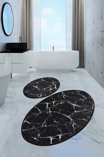Súprava 2 čiernych oválnych kúpeľňových predložiek Foutastic Marble