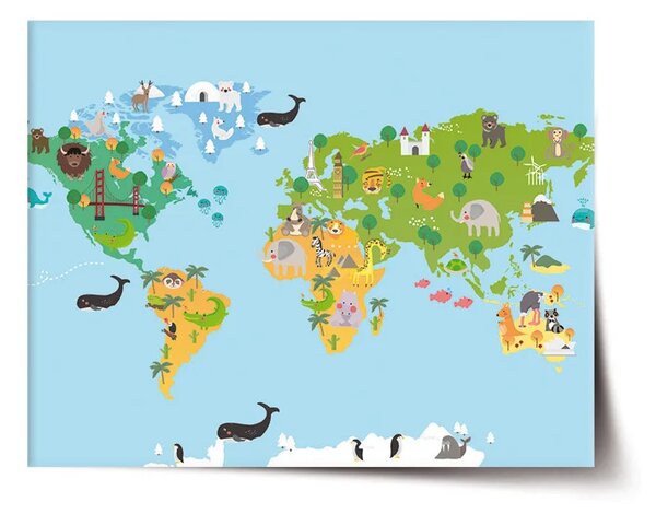 Sablio Plagát Zvieracia mapa sveta - 60x40 cm