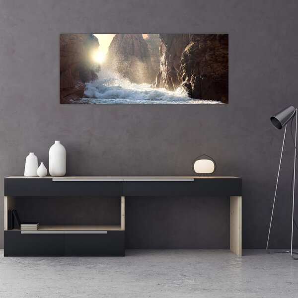 Obraz - Skaly a vlny oceánu (120x50 cm)