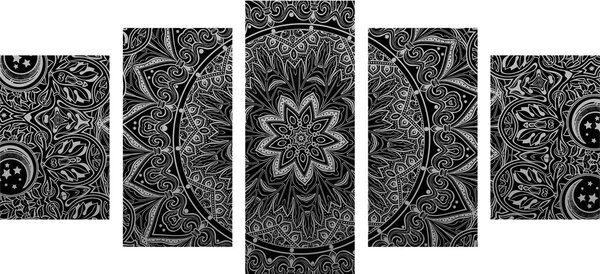 5-dielny obraz orientálna Mandala v čiernobielom prevedení