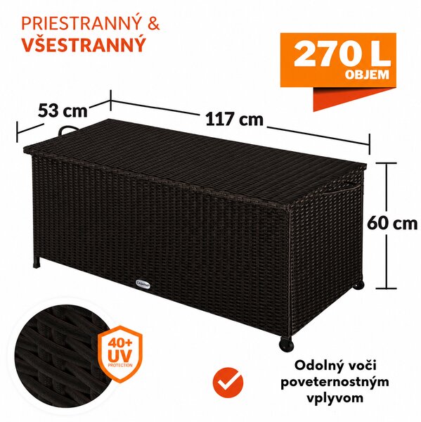 Polyratanový úložný box RICCO, 270L, 117x53x60cm, tmavá hnedá Casaria