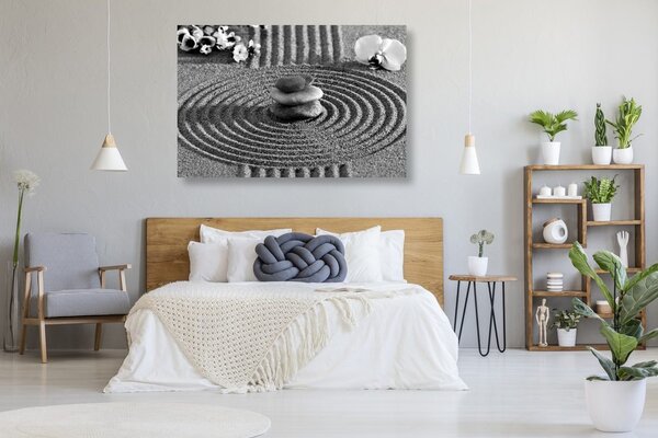 Obraz japonská záhrada s Feng Shui prvkami v čiernobielom prevedení