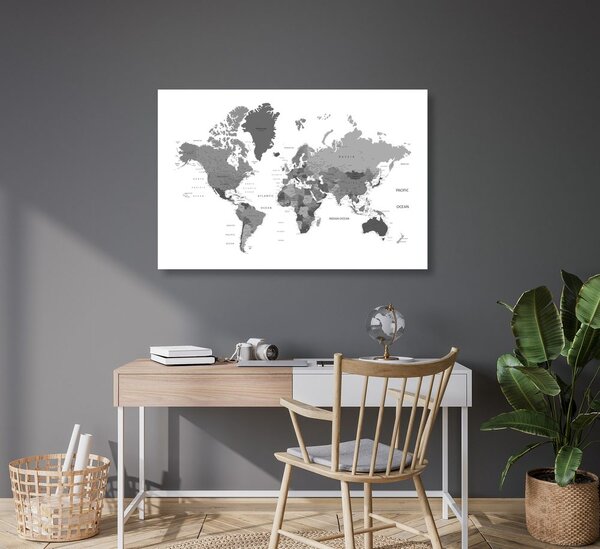 Obraz na korku mapa sveta v čiernobielej farbe