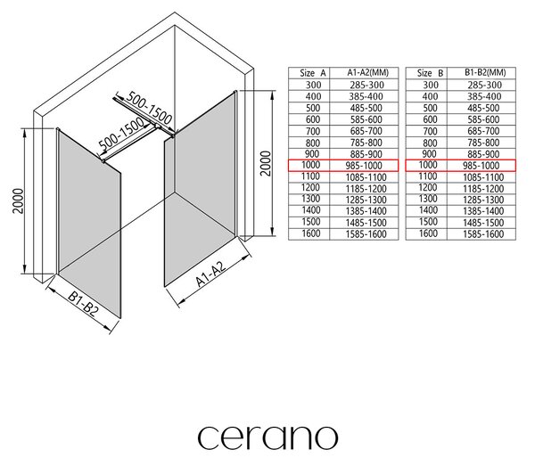 CERANO - Sprchová zástena Walk-in Onyx TL/P - 8 mm - hranatá vzpera - čierna matná, grafitové sklo - 100x100x200 cm