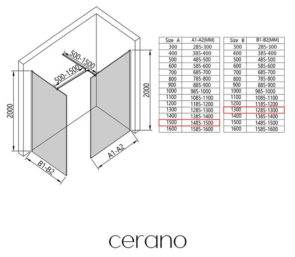 CERANO - Sprchová zástena Walk-in Onyx TL/P - 8 mm - hranatá vzpera - biela matná, mliečne sklo - 150x130x200 cm