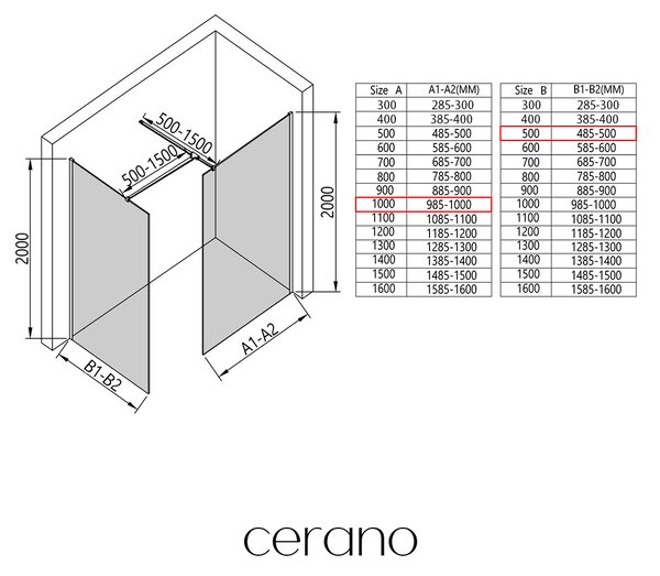 CERANO - Sprchová zástena Walk-in Onyx TL/P - 8 mm - hranatá vzpera - čierna matná, transparentné sklo - 100x50x200 cm