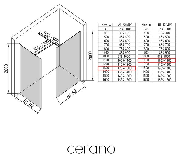 CERANO - Sprchová zástena Walk-in Onyx TL/P - 8 mm - hranatá vzpera - čierna matná, bronzové sklo - 130x110x200 cm