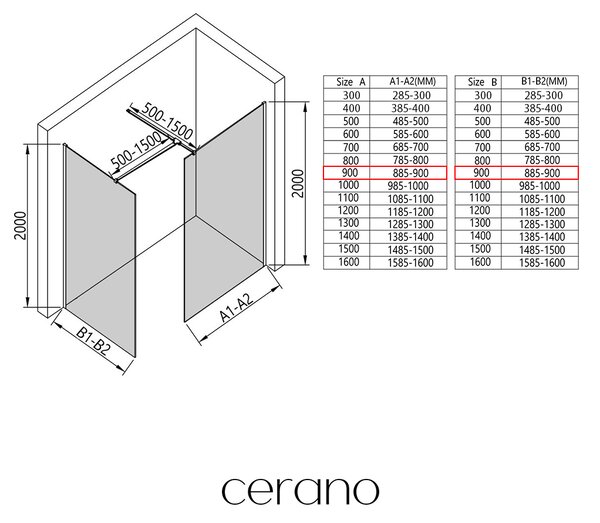 CERANO - Sprchová zástena Walk-in Onyx TL/P - 8 mm - hranatá vzpera - biela matná, industriálne sklo - 90x90x200 cm