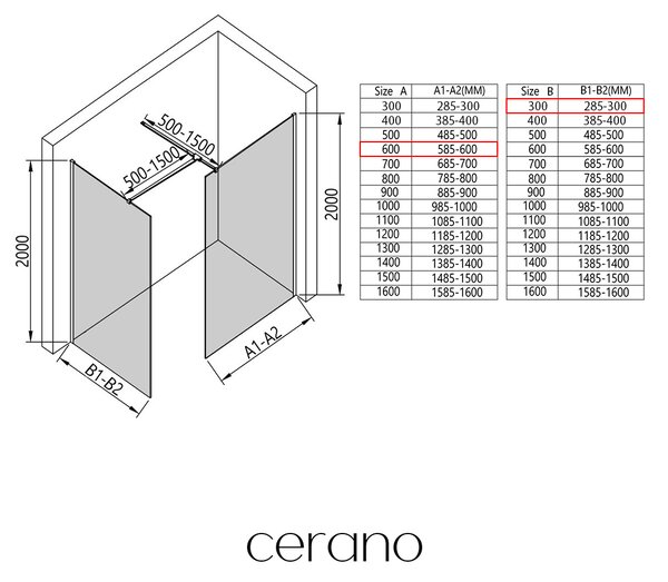 CERANO - Sprchová zástena Walk-in Onyx TL/P - 8 mm - hranatá vzpera - chróm, mliečne sklo - 60x30x200 cm