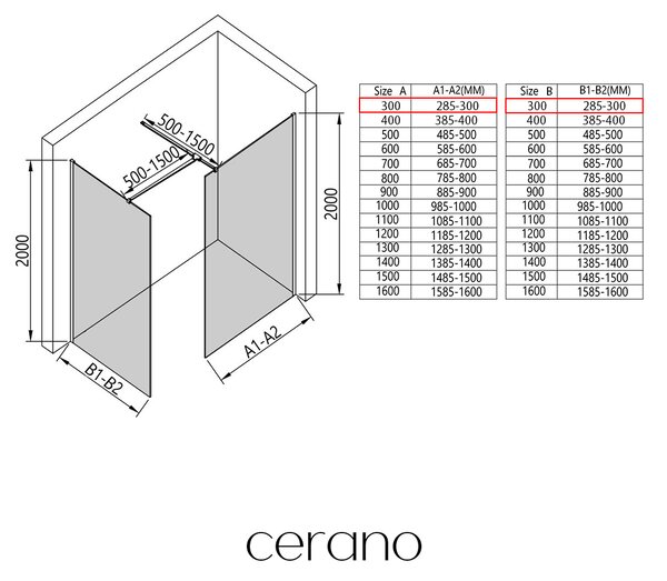 CERANO - Sprchová zástena Walk-in Onyx TL/P - 8 mm - hranatá vzpera - biela matná, mliečne sklo - 30x30x200 cm