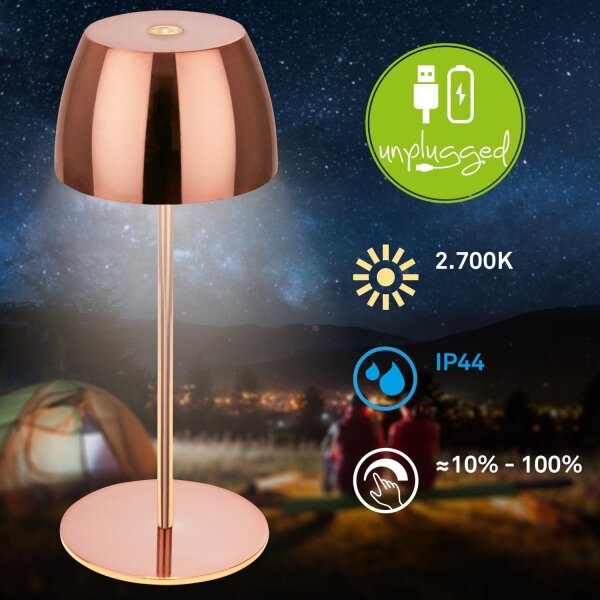 Briloner - LED stmievateľná nabíjateľná dotyková vonkajšia stolná lampa MINI LED/2,5W/5V IP44 1800 mAh medená