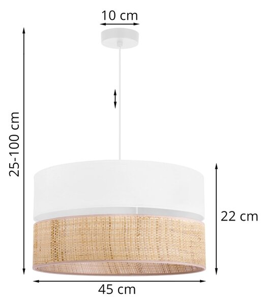Závesné svietidlo Rattan, 1x ratanové/biele textilné tienidlo, (fi 45cm)