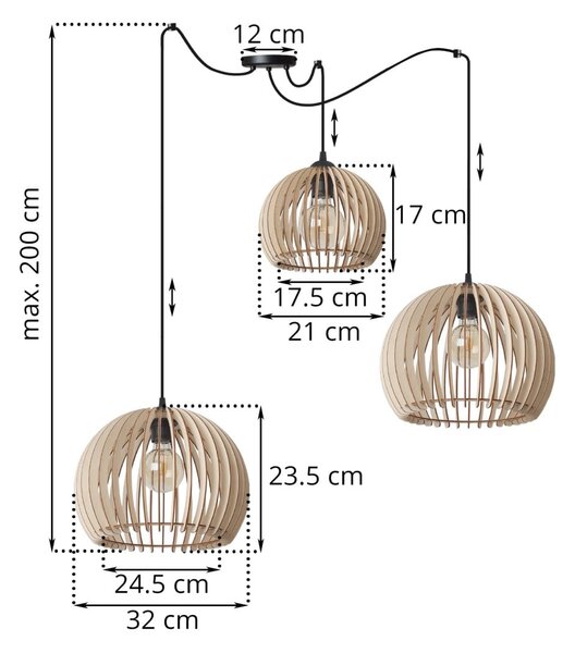 Závesné svietidlo Timber Spider 6, 3x drevené tienidlo