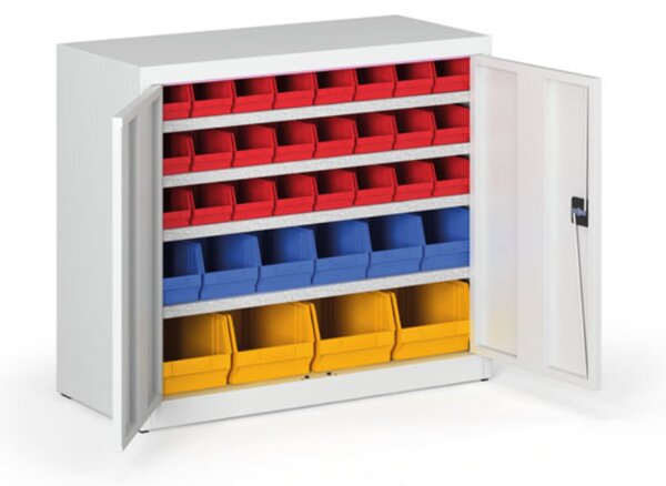 Skriňa s plastovými boxmi BASIC - 800 x 400 x 920 mm, 24xA, 6x B, 4x C, sivá/sivé dvere